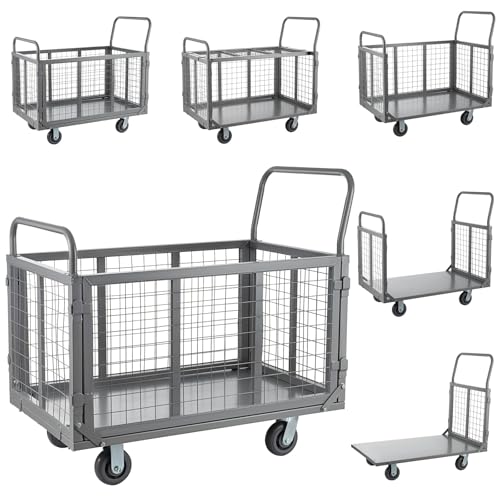SmarketBuy Platform Truck Cart with Cage, 5 in 1 Heavy Duty Platform Cart with Cage 2000 LBS Capacity Foldable Push Cart Dolly with 5