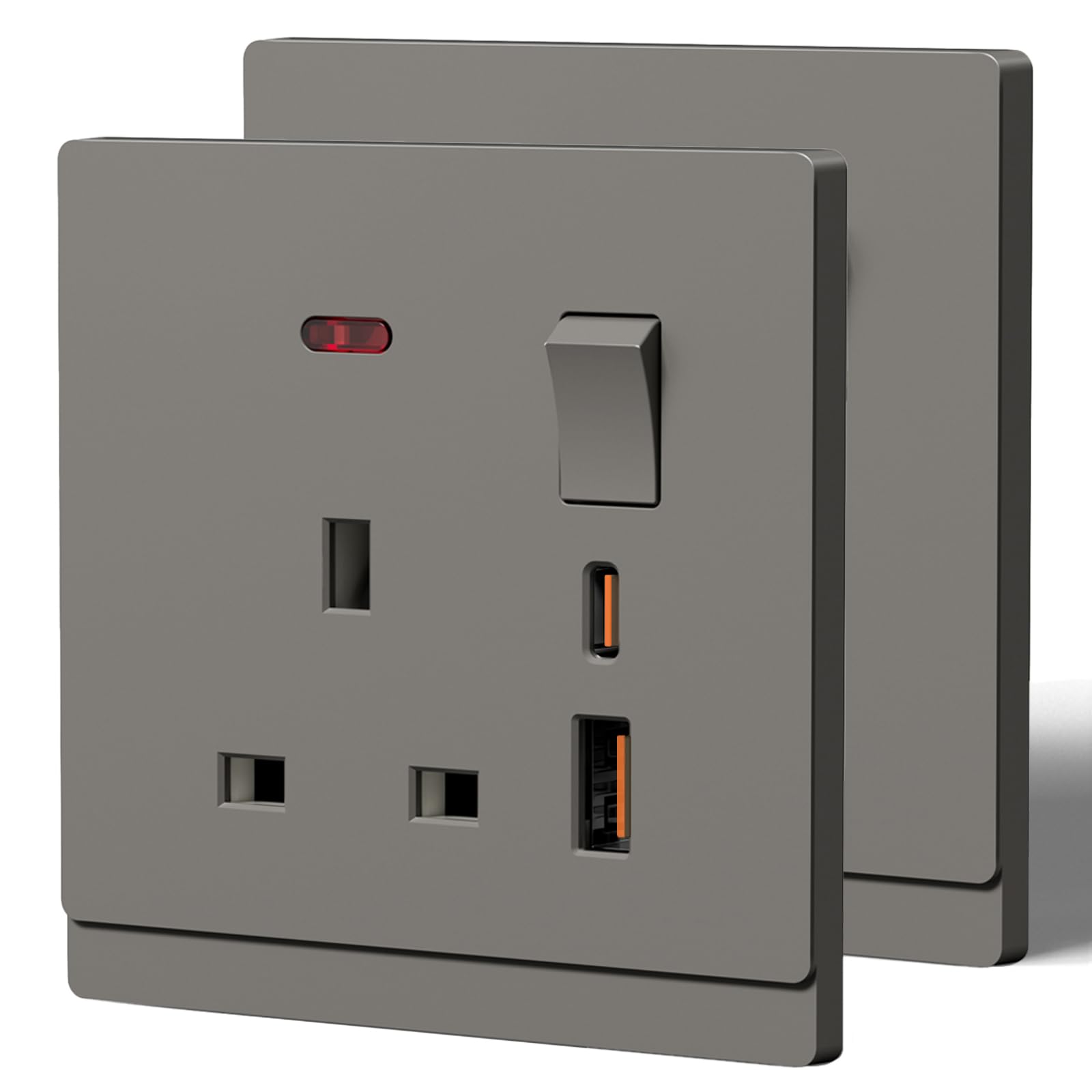 BSEED Single Socket with 20W USB C Fast Charging,Tactile Finish Switched Wall Sockets,13A Electric Power Outlet,Individual Control & LED Indicator,Designer Wall Plate,Single(20W)-2 Pack,86mm Grey