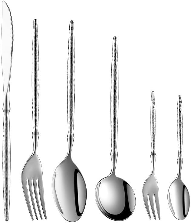 Silverware Flatware Set, 6/24/36/48/60/72Pcs Stainless Steel 304 Tableware Creative Hammer Pattern Light Luxury Hotel Meal Knife And Fork Spoon Household Steak,Silver-36 Pieces for 6