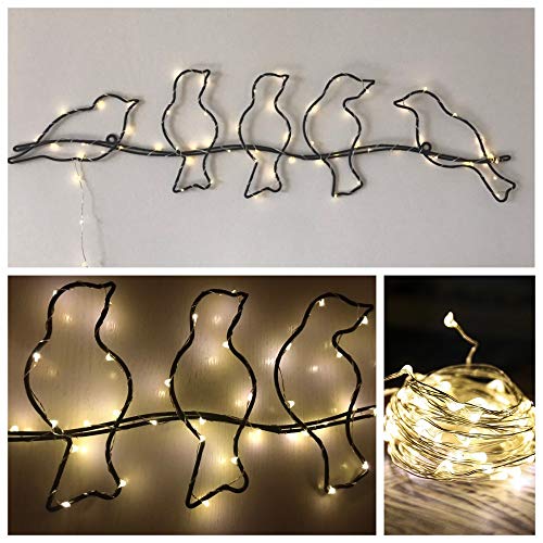 Dipamkar® W58 x H18cm - pájaro en un Alambre de Metal Pared, Decoración con luz LED, Adornos de pared