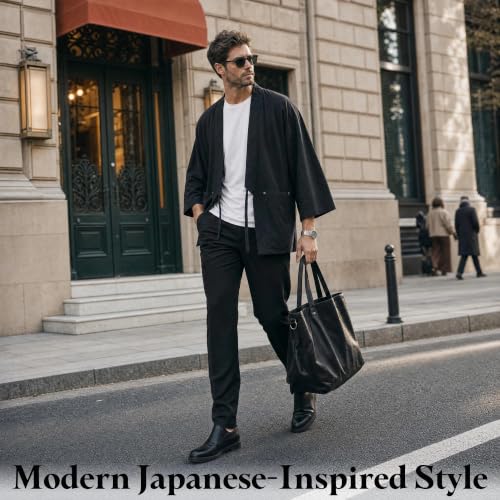 Image of Haseil Men's Kimono Cardigan Japanese Jackets Casual Cotton 3 /4 Sleeve Shirt Open Front Coat Lightweight Linen Yukata
