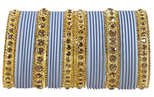 Image of NMII Non-Precious Metal Base Metal and Studded Zircon Gemstone and Matte Finish Worked Bangle set for Women /Girls
