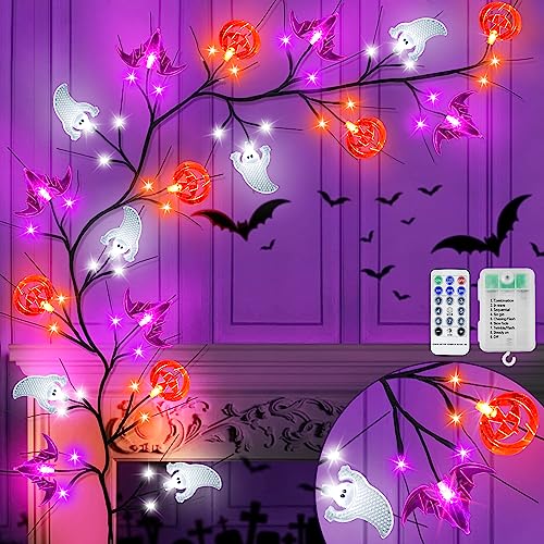 6 FT Willow Vine Twig Halloween Decorations Garland with Pumpkin Bat Ghost Lights - image 1