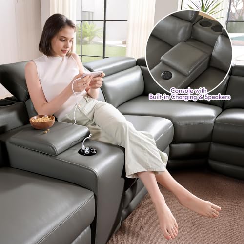 Image of Power Recliner Sofa, Leather Sectional Couch for Living Room, Dark Grey | 3 Bluetooth Speakers & Hidden Storage, Modern L Shaped Reclining Couch with 6 Charging Ports