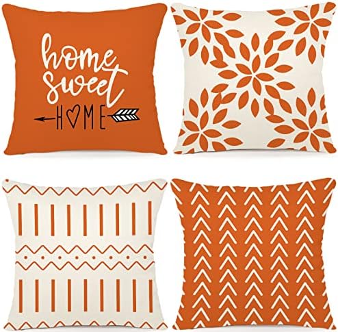 YCOLL Fall Pillow Covers 18x18 Set of 4, Fall Decor for Home, Modern Sofa Throw Pillow Cover, Decorative Outdoor Linen Fabric Pillow Case for Couch Bed Car 45x45cm (Orange, 18x18,Set of 4)