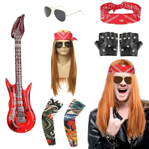 Eiswayla 8PCS Rock Star Fancy Dress Set – Inflatable Guitar, Microphone, Tattoo Sleeves & More, Adult/Kids Rockstar Costume for Halloween, Parties, Cosplay & Disco