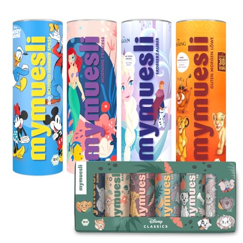 mymuesli Bio Disney Müsli Set (4 Sorten + 6er Geschenkbox) Zuckerarmes Kinder Bundle mit Morning Princess Erdbeerzauber Schoko-Himbeer & Guten Morgen Löwe Bio Frühstückscerealien palmölfrei
