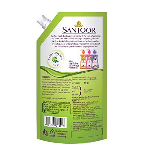 Image of Santoor Fresh Gentle Hand Wash, 750ml with Natural goodness of Sweet Lime Peel & Tulsi