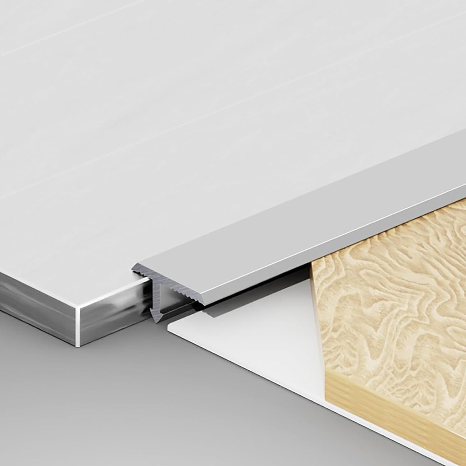 Tira de transición en T para proteger juntas de dilatación en suelo laminado y vinilo