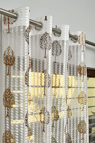 Polyester Tree Print Transparent Tissue Net Sheer Door Curtain for Balcony Living Room, 7 Feet, Coffee, Set of 1-image-42