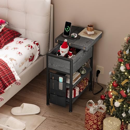 End Table with Charging Station, Flip Top Nightstand with USB Ports and Outlets,Couch Side Table with Fabric Bag and Hooks, Bedside Table for Space Saving, Living Room, Bedroom (Grey) by Homeiju - Used condition - Image 3