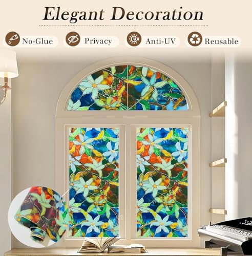 Image of WALLMATE Floral Window Privacy Film Non-Adhesive Reusable Decorative Glass Sticker for Bathroom Bedroom Living Room Sunroof (Mystic Frosted, 24x120 in)