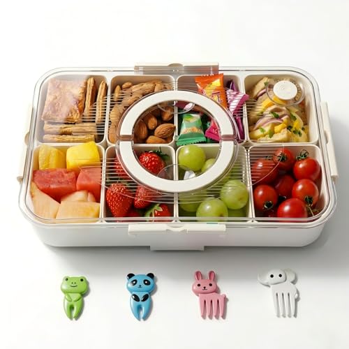 Enssjoy Snack Box with 8 Removable Compartments Divided Serving Tray with Lid & Handle Reusable Snack Containers for Snack Sandwich Spices Sweets Fruit Nuts Salad Crisps & Dips