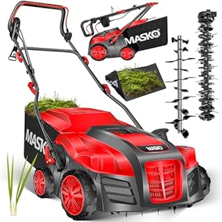 MASKO® Scarificateur électrique 2 en 1 Aérateur de gazon 1 800 watts largeur de travail 40 cm bac de ramassage 55 L incluant rouleau de ventilation aérateur démousseur, profondeur de travail, rouge