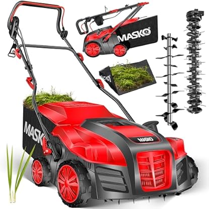 Foto di MASKO® Scarificatore arieggiatore elettrico 2in1 per prato -1800 Watt - larghezza di lavoro 40 cm - sacco di raccolta da 55L - incl. rullo arieggiatore - aeratore per rimozione muschio, Rosso