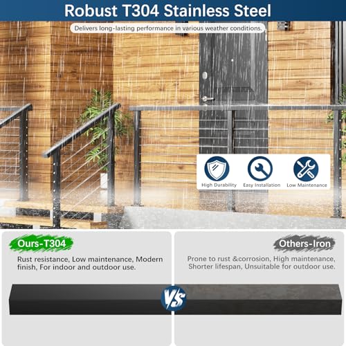Image of 7FT Stainless Steel T304 Black Handrail, 3 Pack Rectangular Tube Cable Railing Handrail with Plastic End Caps, Flat Top Rail for Indoor Outdoor Deck Stair Cable Railing System DIY Balustrade