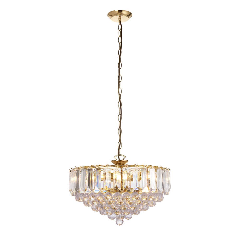 National Lighting SID Decorative Brass Plated E14 LED Compatible Ceiling Pendant Light Chandelier with Clear Droplets 450mm