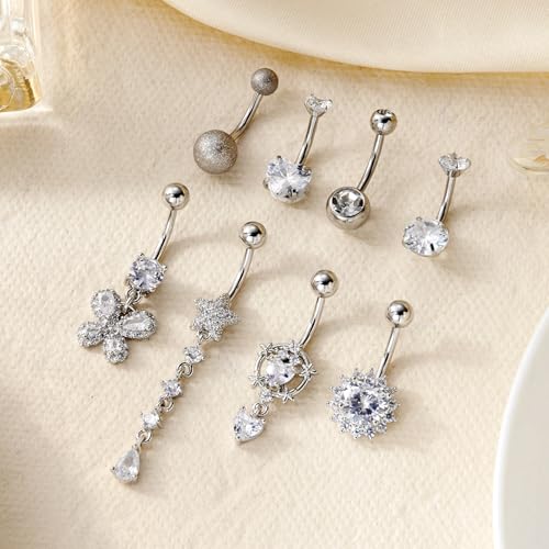 RINHOO FRIENDSHIP 8 Pcs Belly Button Rings Stainless Steel CZ Dangle Navel Piercing Jewelry Set 14G 1.6MM Cute Belly Rings Body Jewelry for Beach Festival Daily (Butterfly-s, 8) — view 6
