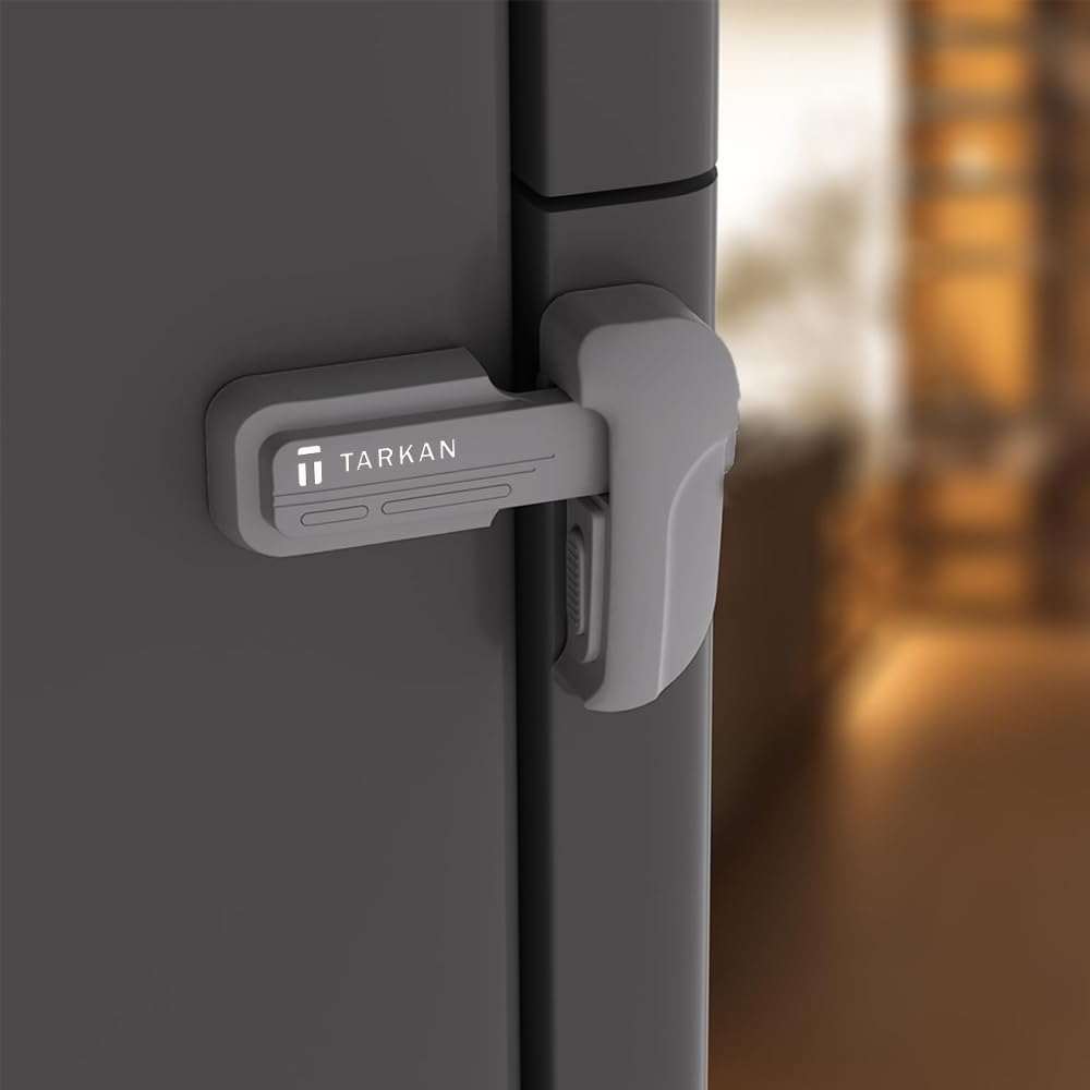 TARKAN Child Safety Dual Lock for Refrigerator, Multi-Purpose Baby Proofing Latch for Single Door Fridge, No-Drill Installation, Light Grey