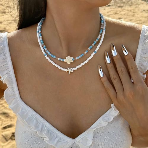 Sttiafay Colar gargantilha de estrela-do-mar de tartaruga boho, colar de contas de sementes, gargant