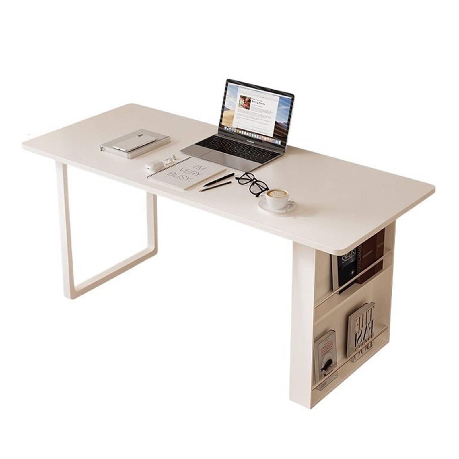 Desk Modern Study Writing Table with Vertical Magazine Rack Two Levels, White Home Office Desk, Laptop Table for Small Spaces Laptop Gaming Table(S)