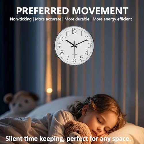 Image of Silent Wall Clocks Battery Operated 8 Inch, Analog Wall Clock with Oversized Number Tempered Glass Clock Face, Black Quartz Non Ticking Wall Clocks for Living Room Bedroom Kitchen Office