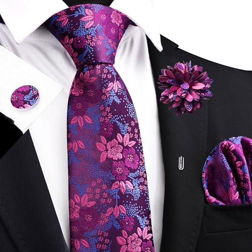Image of GUSLESON 3.15 inch(8cm) Mens Floral Tie and Lapel Pin Necktie Hankerchief Cufflinks Set for Men