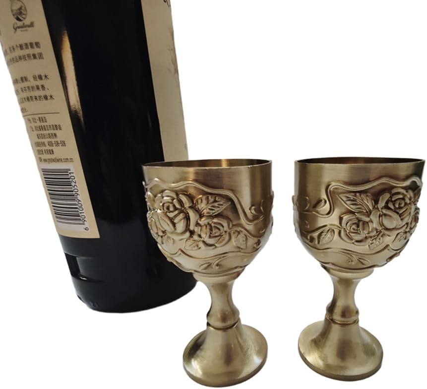 Gold Mini Vintage Chalice Goblet, Small Vintage Flower Embossed Drinking Glasses Cup, Metal Brass Medieval Gothic Communion Shot Wine Glass for Liqueur Wedding Ceremonial Altar Blessing (2 Pack)