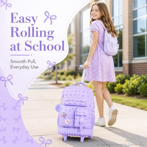 Image of CCJPX Rolling Backpack for Girls, 3Pcs Roller Wheeled School Bookbag, Bow Wheels Backpacks with Lunch Box for Kids (Purple)