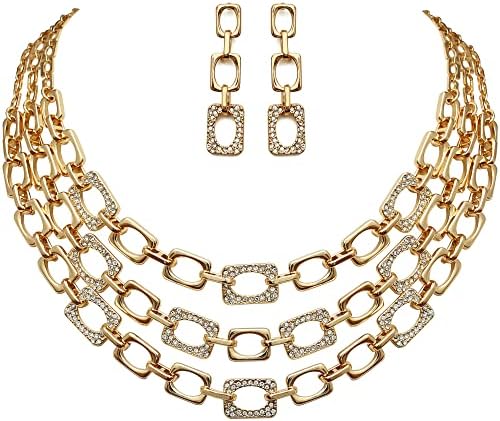S SUSANN Chunky Collar Choker Necklace Costume Jewelry Sets for Women,Multilayered Square Link Chain Necklace and Earrings Set Perfect for Parties Weddings and Festivals