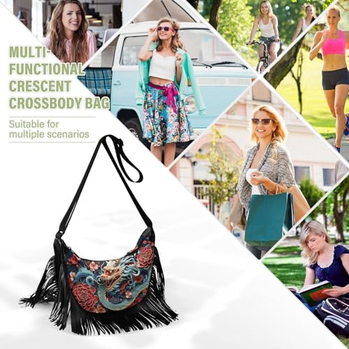 Image of CEBUGI Women's Fringe Crossbody Tassel Purse Celebration Chinese Dragon Hobo Shoulder Bags Crossbody Handbag with Adjustable Shoulder Straps