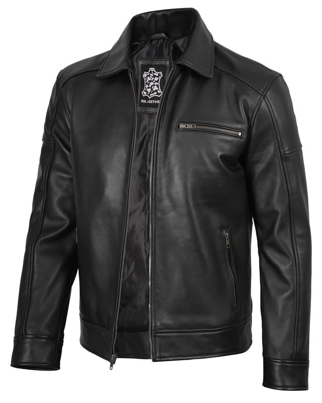 Image of Blingsoul Vintage Real Lambskin Leather Jacket For Mens - Moto Style Classic Shirt Collar Leather Jacket Men