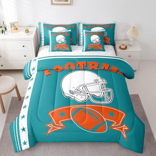 Erosebridal Queen Size Gridiron Seasonal Comforter Set Football City Bed Set Dolphin Bedding Sets for Sports Fans, 1 Comforter, 1 Flat Sheet 1 Fitted Sheet 2 Pillowcases 2 Throw Pillow Covers
