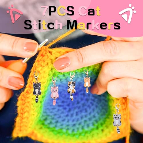 Image of 4PCS Adorable Crochet Rings with 7PCS Cat Stitch Markers and 20PCS Stitch Needle Clip Counter,Adjustable Tension Rings for Finger Accessories and Gadgets,Ideal Yarn Guide Ring Knitting Tools for Women