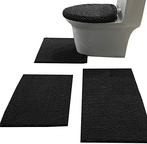 Condition photo showing As Is for madeals chenille bath rug set 4 piece with toilet lid cover and rug set combo, soft shaggy bath rug set 3 piece and u-shaped toilet floor rug black 20"x 32"/16"x 24"/contour/lid cover black