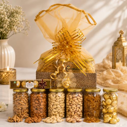 Image of NUTRI MIRACLE Dry Fruits & Chocolate Gift Hamper | Festive Gift Basket for Raksha Bandhan | Diwali | Brother Sister Corporate Office Employees