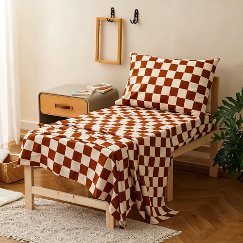 Image of Wellboo Pumpkin White Plaid Toddler Bedding Sets for Girls Boys Caramel and White Checkerboard Grid 4 Pieces Soft Crib Bed Set Including Comforter, Sheets and Pillowcase Kids Checkered Geometric Quilt