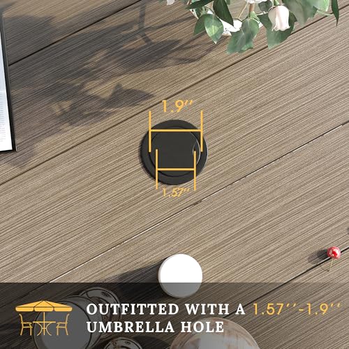 Image of VICLLAX 63 inch Outdoor Round Patio Table with Umbrella Hole, All Weather Metal Round Outdoor Dining Table for Lawn Garden, 8-10 Person Table, Grey Wood Grain
