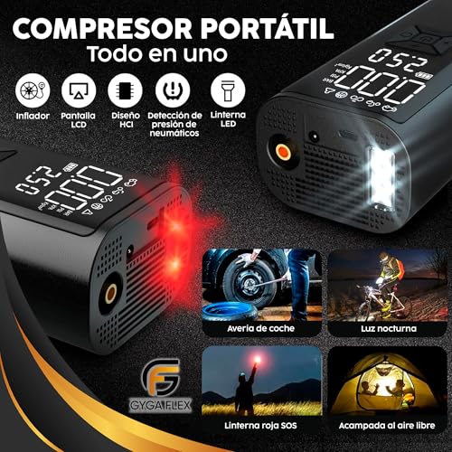 GygaFlex © Compresor de Aire Portatil | Inflador Ruedas Coche 150 PSI (10,3 Bar) 10V | Compresor Aire Coche Bicicleta | Batería Recargable | Con LED | Para Coche Moto Bicicleta Pelota - imagen 3