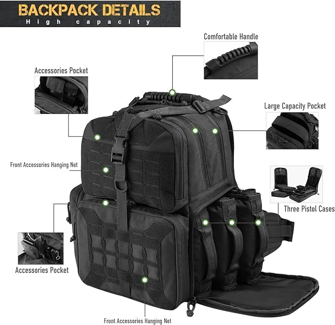 VOTAGOO Tactical Range Rucksack, für 3 Pistolen Tragetaschen für Jagdschießen Black