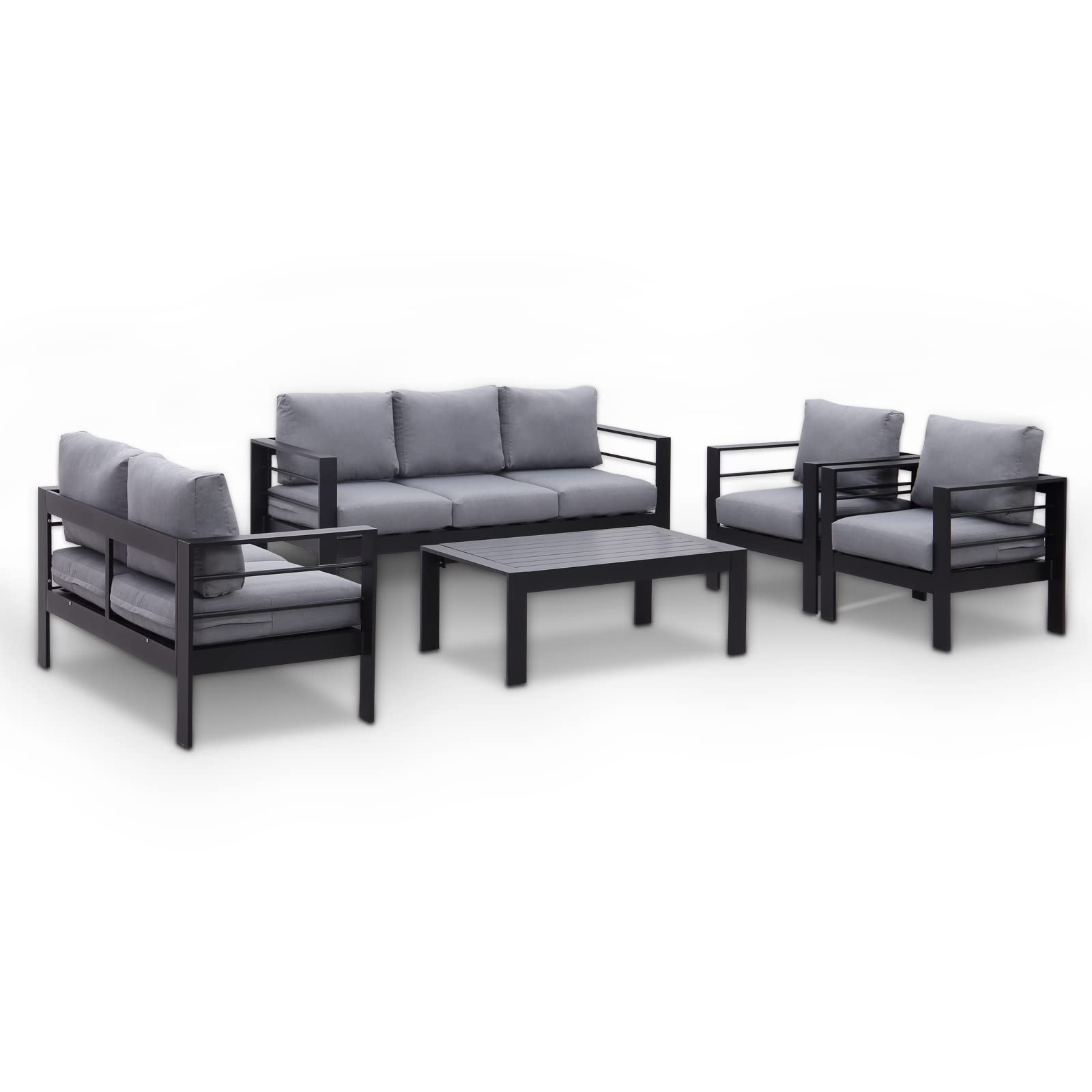 GLP Gartenmöbel Set Aluminium 6-7 Personen, Terassenmöbel Wetterfest mit Sofa, Tisch, Hocker & Kissen, Gartenlounge Set für Innen- und Außenbereich (Schwarz & Dunkelgrau)