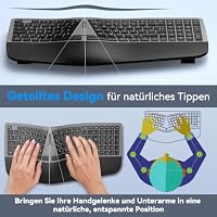 TECKNET Ergonomische Tastatur Kabellos, Deutsches QWERTZ Split Tastatur mit Handballenauflage, Wiederaufladbar Ergo Funktastatur, Bluetooth & USB Natürliches Tippen für Windows/Mac – Ansicht 3