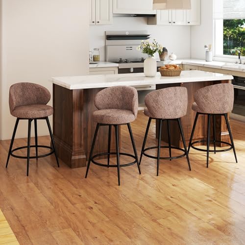 Image of Bar Stools Set of 4, 360 Swivel Breathable Fabric Kitchen Counter Height Stools, 26 inch Upholstered Bar Chair for Kitchen Islands, Restaurant, Brown