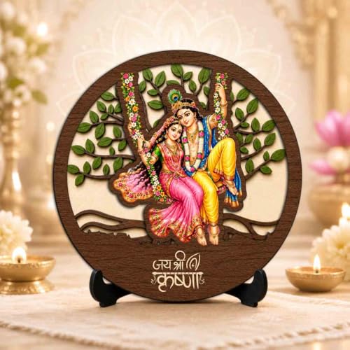 Image of Radha Krishna Wooden Idol with Stand for Home Temple, Puja Room, Office Desk & Indoor Mandir Decor - 5x5 Inch