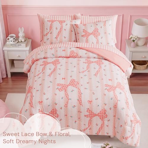 Image of Full Size Comforter Set for Girls Lace Floral Bow 7 Pieces Bed in a Bag