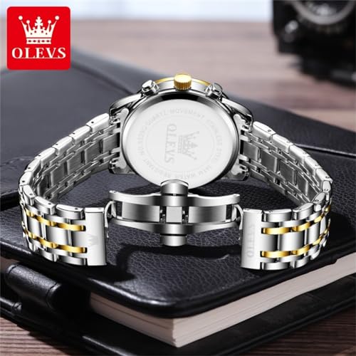 Image of OLEVS Men Multifunction Watch, Multi Dial Waterproof Luminous Chronograph Men's Watch with Date Gift for Men,Stainless Steel Watches for Men,Classic Men Wrist Watch, gold sliver band blue face-5529G
