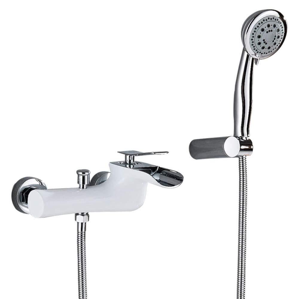 Chrome and White Bathroom Sink Tap Wall Mounted Waterfall Spout Tub Mixer Faucet with Handheld Head Hot and