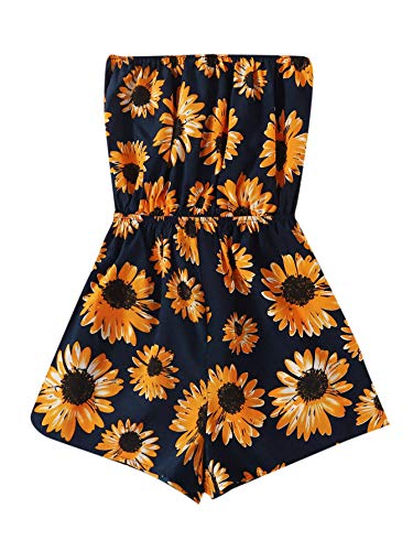 Floerns Women s Summer Floral Strapless Short Romper Jumpsuit A Navy Sunflower L