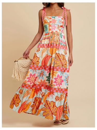 Image of WDIRARA Women's Boho Floral Sleeveless Ruffle Maxi Dress Tropical Graphic Tie Shoulder Smocked Cami Dresses