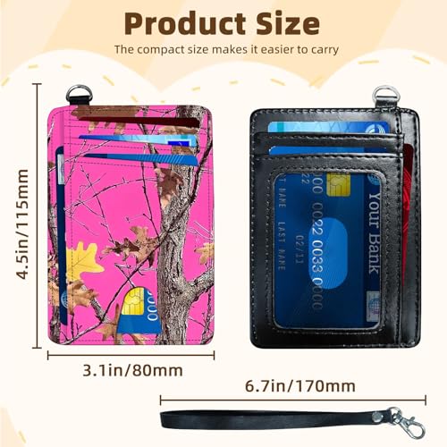 Ultra-Thin Front Pocket Wallet with Wrist Strap, RFID Blocking Security Pockets for Business Card Holder, PU Leather Secure Multi-slot Card Pocket, Pink Sky Camo Tree3